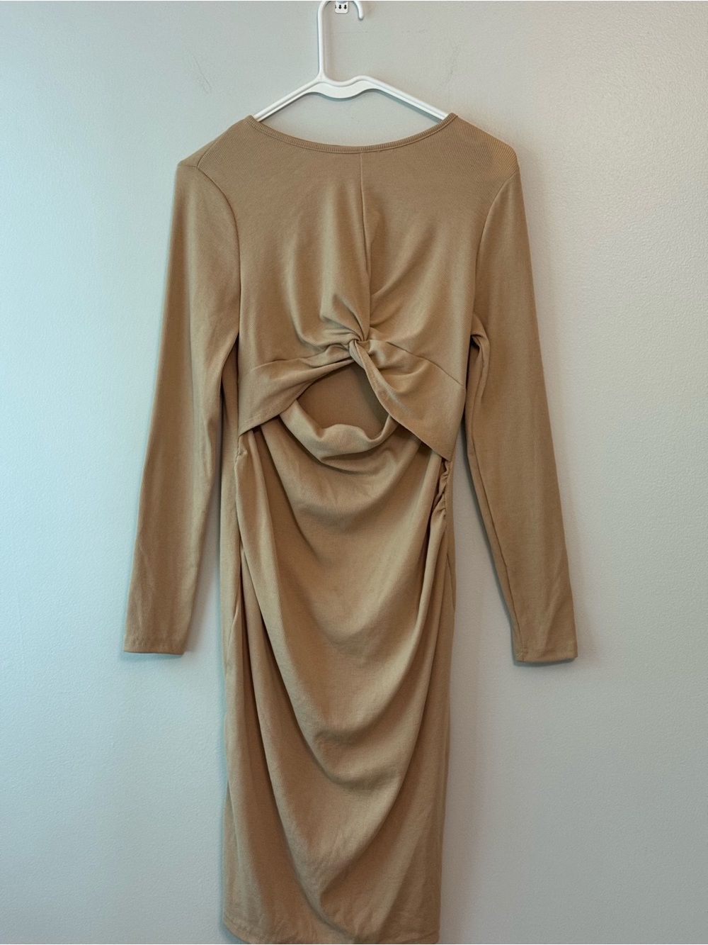 Long Sleeve Knot-Back Midi Dress in Tan